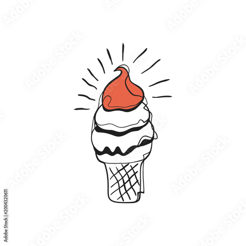 Hand Drawn Doodle Soft Serve Ice Cream Cone Red Accent Sunburst Outline Sketch Vector