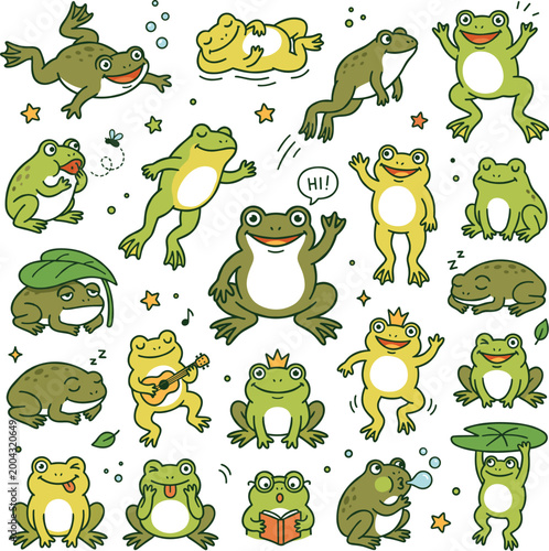African clawed frog cute cartoon doodle vector set design illustration