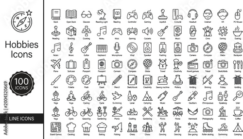Collection of 100 minimalist monoline icons depicting various hobbies and leisure activities on white background