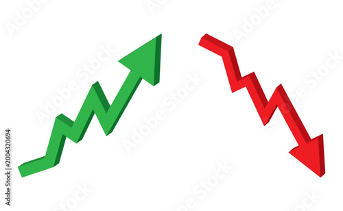 3D Isometric Green Growth and Red Downward Arrow Charts Vector Set, Business Success vs Financial Loss Concept, Upward and Downward Trends Stock Market Symbols Isolated on White Background