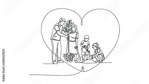 Continuous line art illustration of a happy family planting a tree together inside a heart shape.