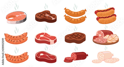 Tableau sur toile Grilled Meat Icon Set with Various Cuts including Sausages, Steaks, and Ham for