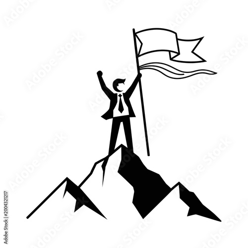 Businessman standing on mountain peak holding flag triumphantly outdoors
