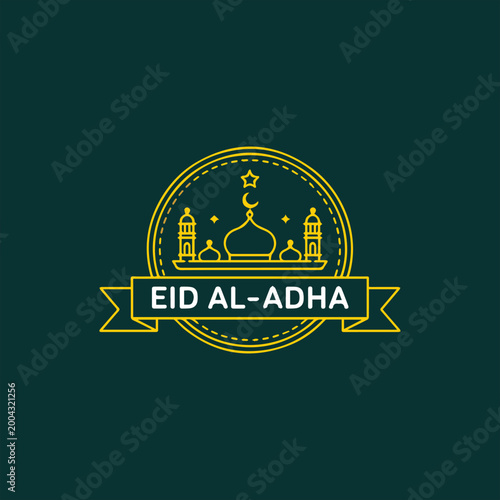 Eid al-adha line art design with mosque and ribbon on dark teal background, islamic festival concept.
