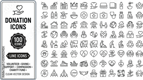 Donation icons set for charity volunteering and fundraising in minimalist monoline style