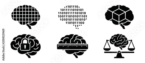 Brain Concept Icons Set, Artificial Intelligence and Cognitive Process Symbols for Technology and Business Infographics, Vector Black Silhouettes on White Background for Data Analysis and Mental Healt