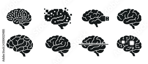 Human Brain Icon Set, Artificial Intelligence Technology and Digital Neural Network Symbols for Tech Interface, Software Development and Science Research Concept, Minimalist Black Vector Illustrations