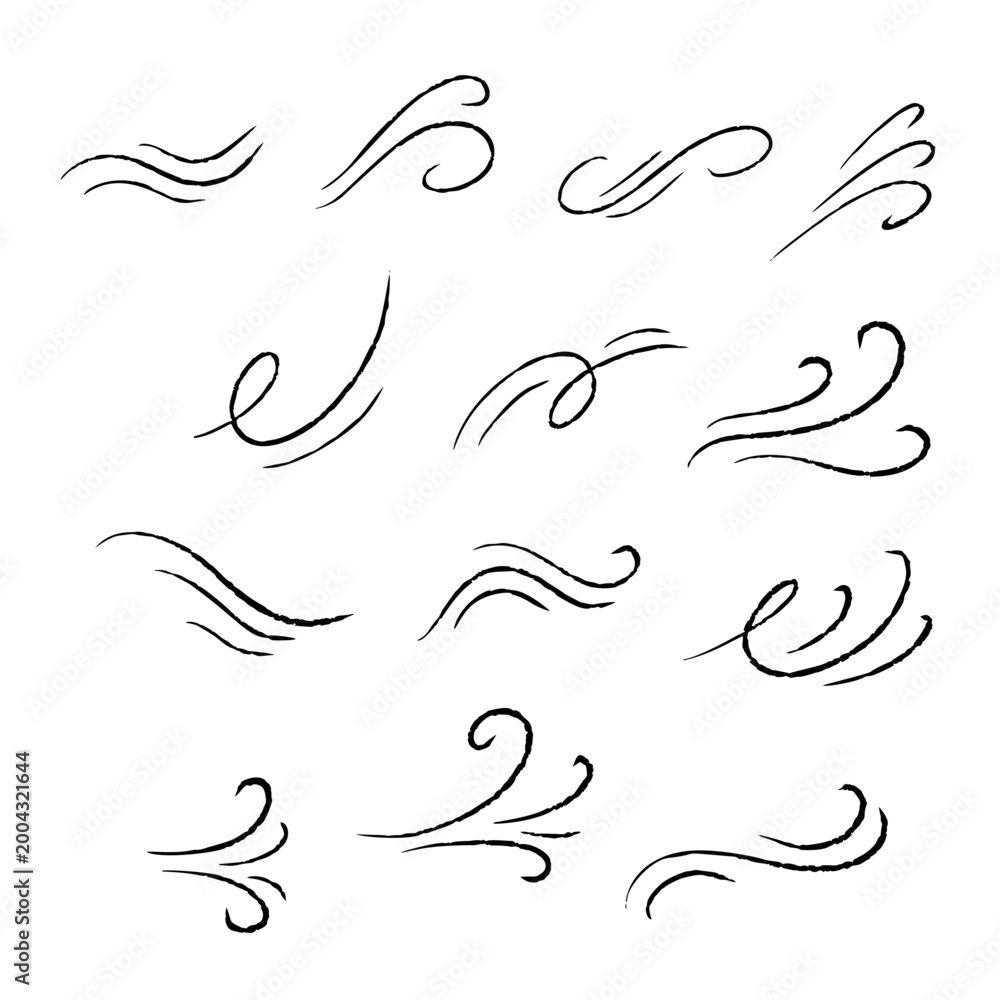 Fototapeta premium Wind doodle set, hand drawn breeze swirl line art collection. Air flow motion, storm weather curve brush stroke kit. Wind doodle element.