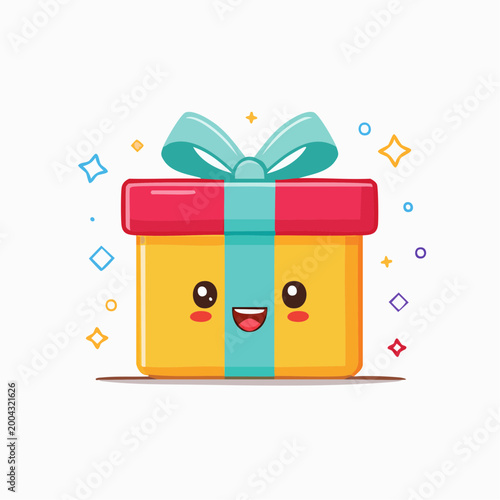 Kawaii Gift Box Character with Happy Face and Confetti