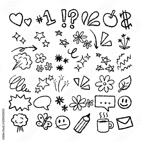 Ink doodle set, hand drawn abstract shapes, stars, flowers and speech bubbles. Sketch decorative elements, hand drawn pencil strokes, brush kit graphic. Ink doodle collection