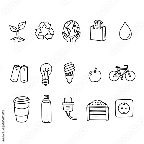 Environmental icon set, hand drawn ecology line art collection. Recycle sign, earth care, green plant sprout, renewable energy bulb bicycle icon. Environmental icon design.