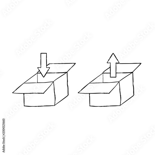 Open cardboard box sketch, hand drawn package with arrows. Shipping logistics delivery concept, cargo transport icon set. Black ink doodle.