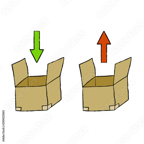 Cardboard box set, open paper package with green down and red up arrows. Delivery shipping service, import export trade logistics icons. Brown cardboard box container.