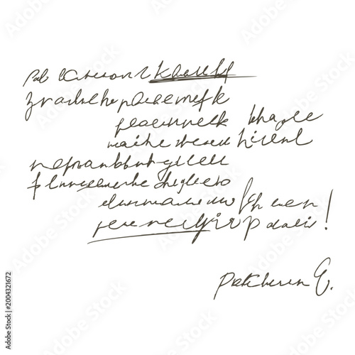 Handwritten script set, ink doodle collection with illegible cursive letters. Faux manuscript writing, vintage note drawing, abstract paper document element. Handwritten script design.