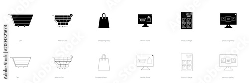 eCommerce  business icons in line and fill style. editable vector illustration for Cart, Add to Cart, Shopping Bag, Online Store, Product Page, Product Gallery. on transparent background 