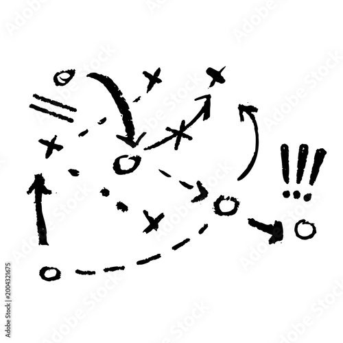Football tactic sketch, hand drawn arrows crosses circles ink set. Sport strategy plan, game direction black white doodle. Team movement chart, play diagram collection