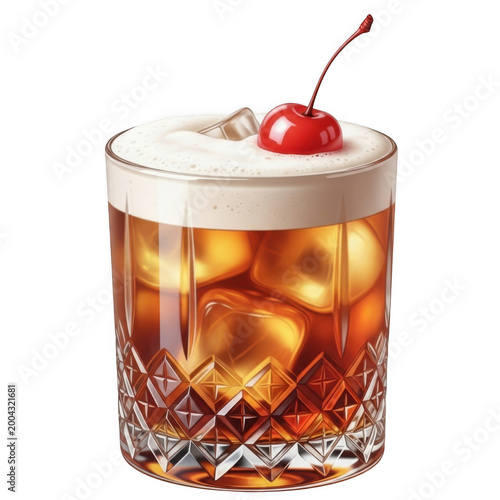 Classic whiskey sour cocktail with cherry and foam isolated on transparent background