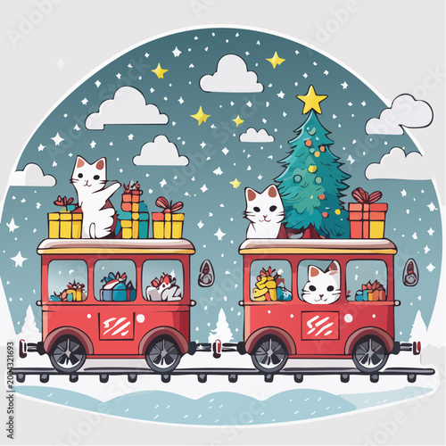 Cute Cats on a Christmas Train Delivering Gifts