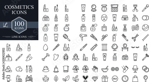 Collection of 100 minimalist line icons for cosmetics and beauty products on white background
