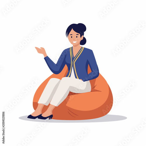 Woman Sitting on Bean Bag Chair, Gesturing