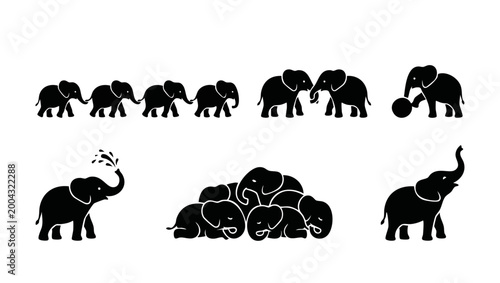 Elephant silhouette icons set, cartoon animal vector collection with baby elephants walking, playing, and sleeping in various poses for kids design projects, simple black and white isolated graphics.