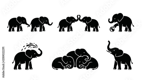 Elephant Silhouette Set Collection, Cute Baby Animal Vector Icons, Playing and Sleeping Elephants for Kids Design, Wildlife Graphic Elements, Flat Black Shapes Isolated on White Background for Brandin