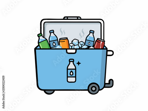 Portable Cooler Box with Cold Drinks, Soda Cans, and Ice Cubes Vector Illustration