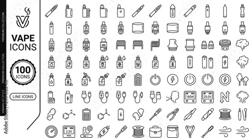 Collection of 100 minimalist vape icons in monoline style for design and branding purposes
