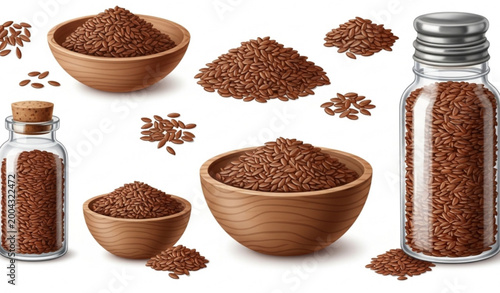 Cuadro en lienzo Flax seeds in bowls and jars realistic healthy food vector illustration isolated