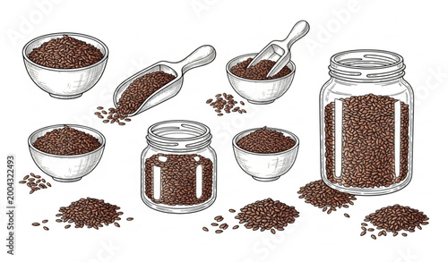 Hand drawn flax seeds and flaxseed containers organic food vector illustration isolated on white background