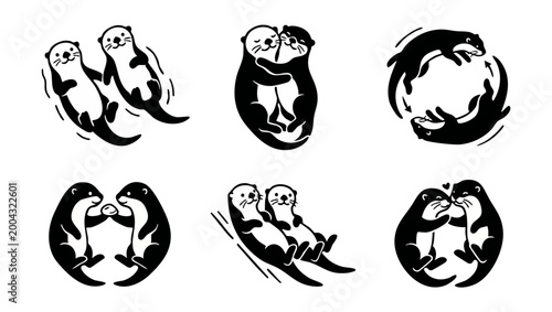 Cute Otter Icon Set Vector Illustration, Minimalist Black and White Sea Otter Collection Featuring Hugging, Swimming, and Loving Poses for Animal Logo Design and Wildlife Conservation Graphics Project