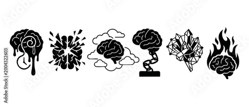 Brain Concept Icon Set, Human Mental Health and Cognitive Symbols, Creative Mind Psychology Graphic Elements, Metaphorical Abstract Black Silhouettes for Thinking, Intelligence and Ideas Collection.