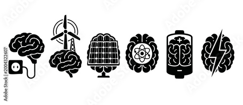 Brain Energy Icons Set with Renewable Power Sources and Electric Symbols for Innovation and Sustainability Concepts, Vector Illustration of Cognitive Development and Smart Energy Solutions