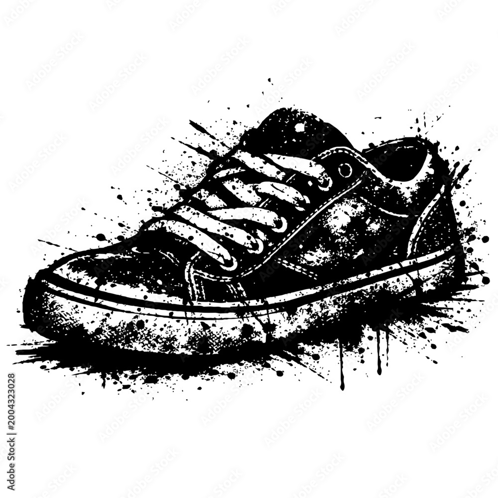 Obraz premium Black and white illustration of a dirty sneaker with paint splatters on a white background, showcasing a grungy design