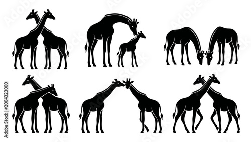 Giraffe Silhouette Set Black Vector Icons, Animal Family Poses and African Wildlife Graphic Elements for Design, Isolated on White Background for Conservation, Nature Themes, and Minimalist Print Proj
