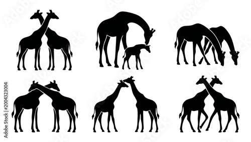 Giraffe Silhouette Set Black Icons - African Safari Wildlife Animals Collection in Various Poses for Logo Design, Nature Symbol, Minimalist Graphic Illustration, Isolated on White Background Vector Ar