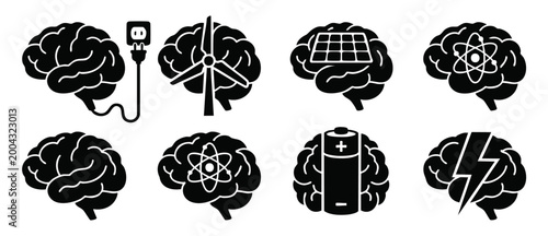 Brain Energy Icons Set, Sustainable Power and Intellectual Concepts, Human Mind Charging with Renewable Green Resources and Atomic Science Symbols for Creative Brainstorming and Cognitive Innovation G