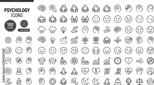 Minimalist monoline psychology icons set for emotions and mental health concepts