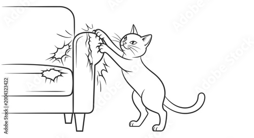 Schilderij op canvas Cat scratching damaged sofa, illustration, destructive pet behavior, furniture d
