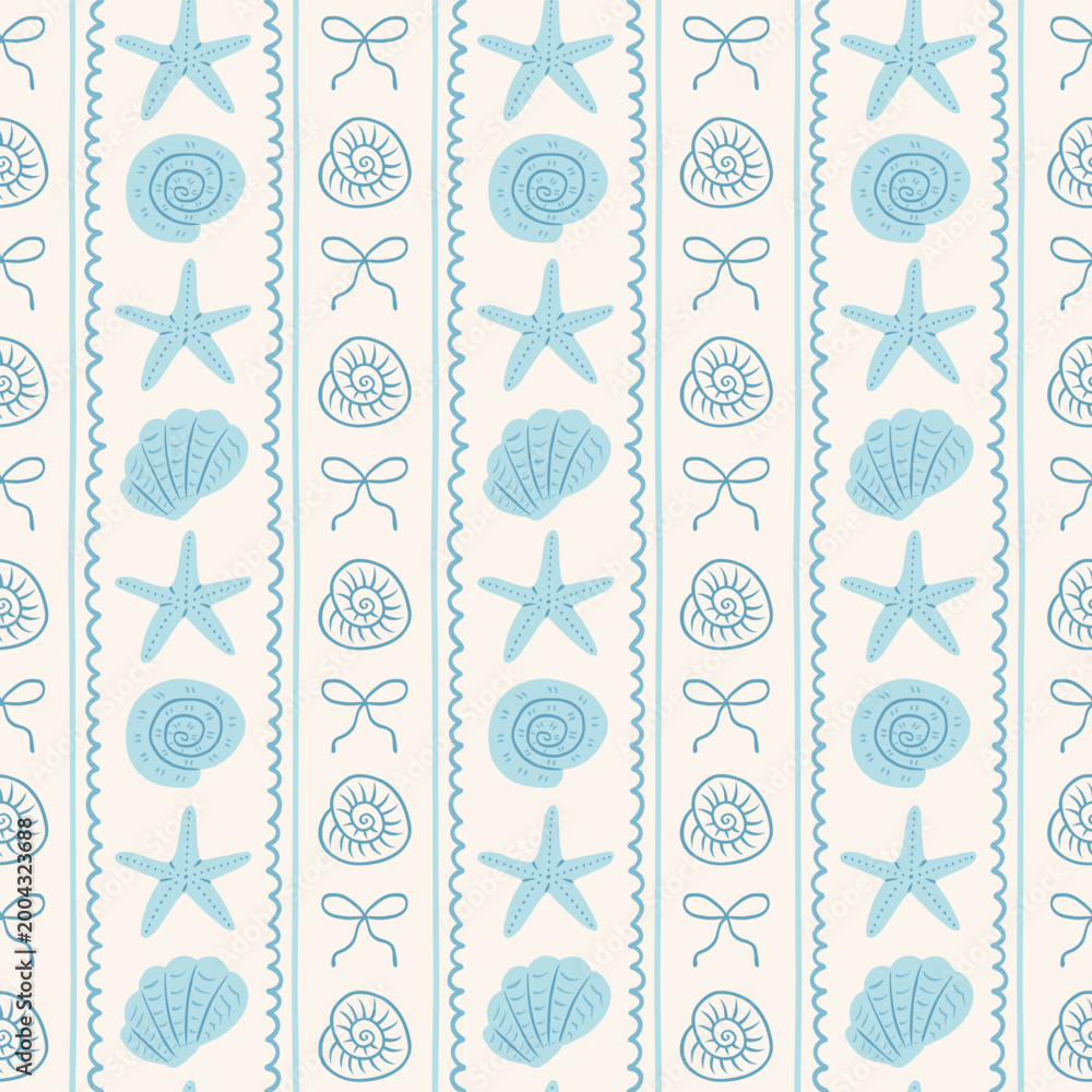 Fototapeta premium Coquette seamless pattern with hand drawn blue seashells , bow, starfish in stripe background. Coastal ocean travel concept. Summer vacation beach trendy print. Vector illustration.