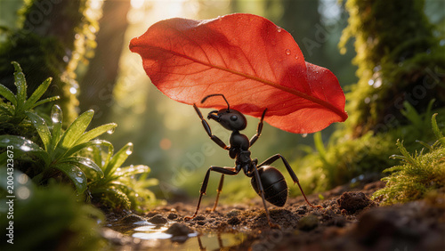 Ant's Gigantic Task: A tiny ant exhibits incredible strength, bearing a massive red leaf high above its head in a verdant forest, highlighting the beauty and resilience of nature's small wonders.