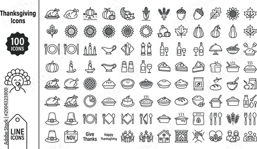 Thanksgiving icons set including food symbols and objects for holiday celebrations and decorations