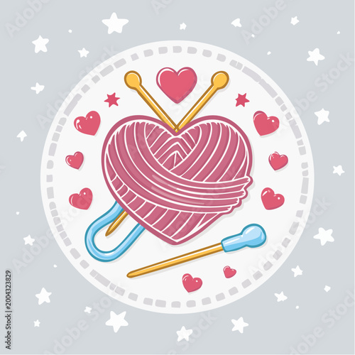Heart-shaped yarn ball with knitting needles and hearts