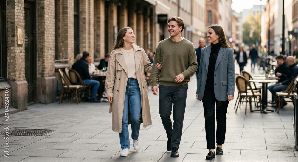 Fototapeta premium Group of friends walking in city street as urban lifestyle and social connection concept 