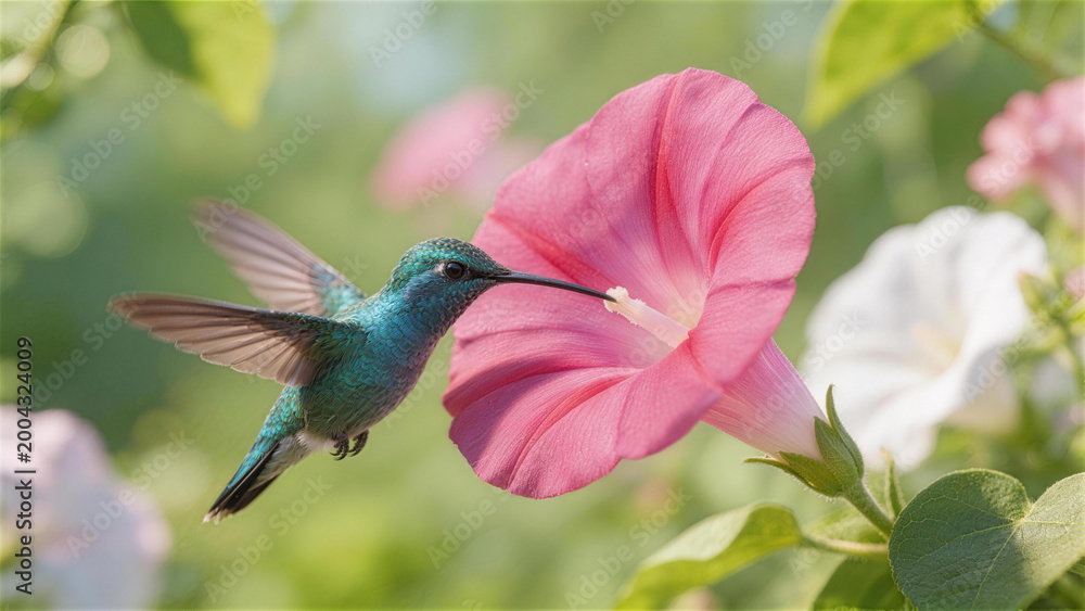 Naklejka premium Hummingbird and Flower: A mesmerizing display of nature unfolds as a vibrant hummingbird delicately sips nectar from a lush pink flower, surrounded by a gentle, sunlit atmosphere.