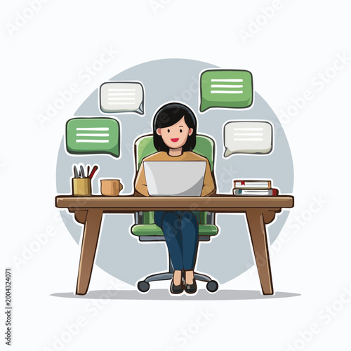 Woman working on laptop with chat bubbles
