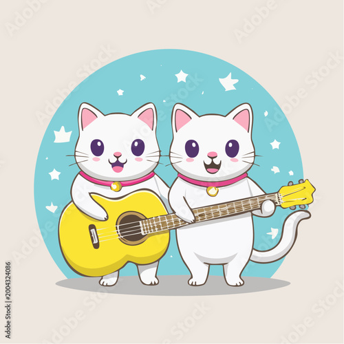 Two cute white cats playing guitar