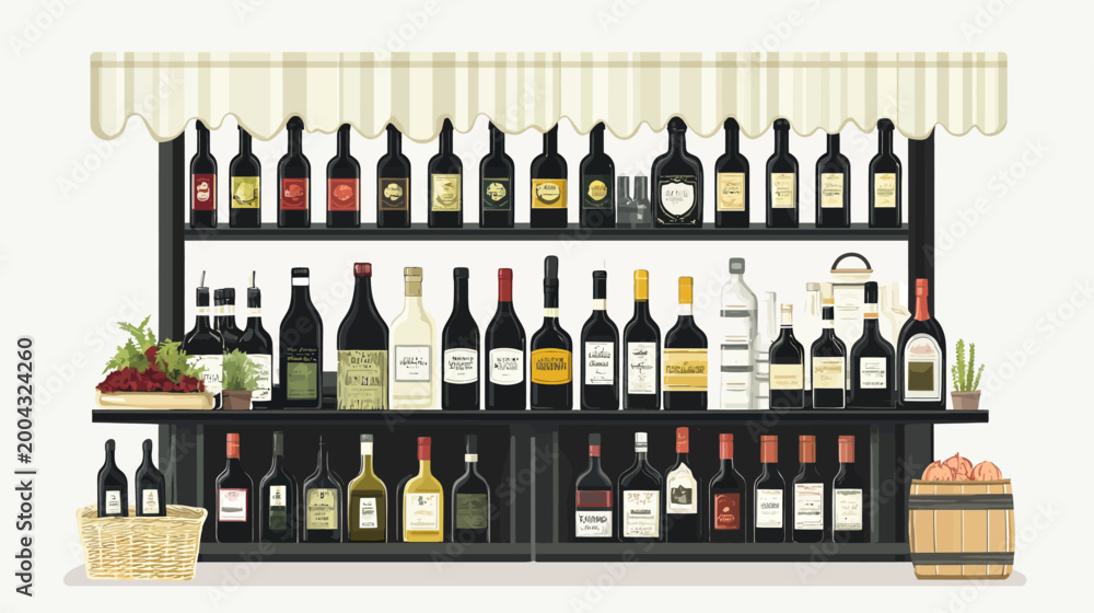Fototapeta premium A cartoon image of a wine shop displaying various bottles on shelves with a basket and barrel