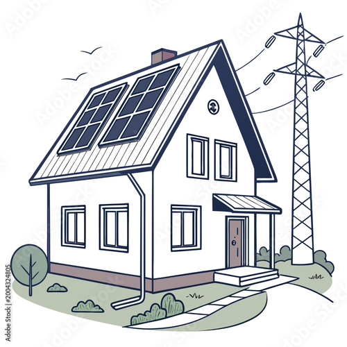 A white house with solar panels on the roof and a power line nearby