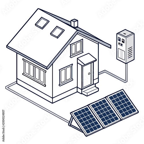 Vector illustration of a house with solar panels and an electrical panel